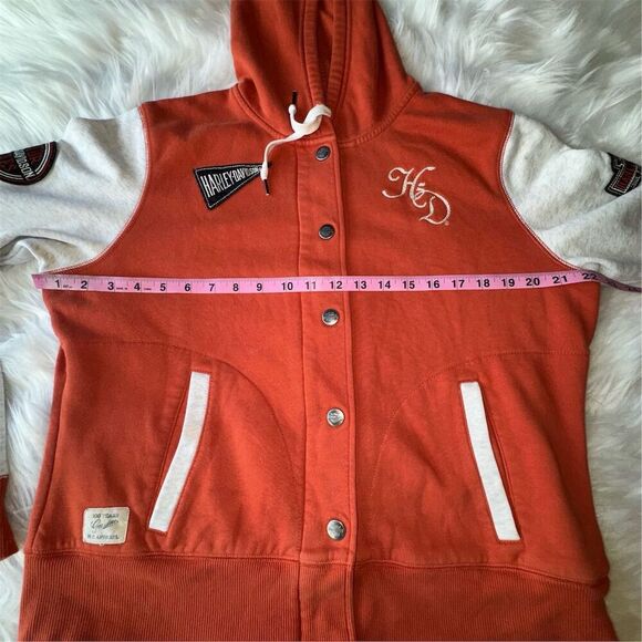 Harley Davidson Women's XL Orange Hooded Varsity Jacket Snap Closure Bikercore - Picture 7 of 14
